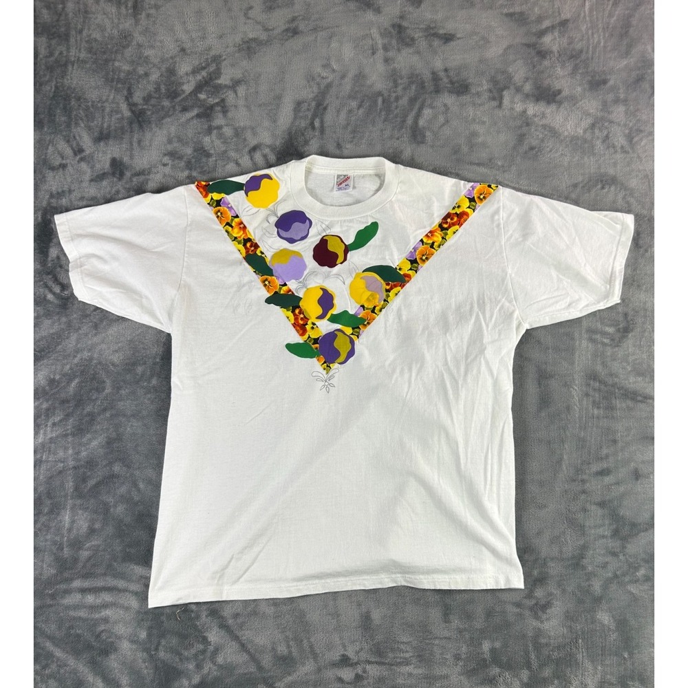 Vintage Jerzees USA Floral Applique T-Shirt XL White Pansy Flower Graphic 90s‎